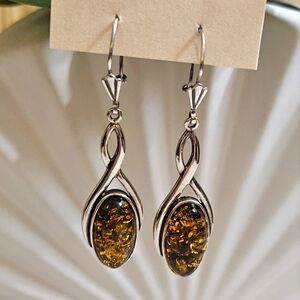 Green Amber And Silver Earrings